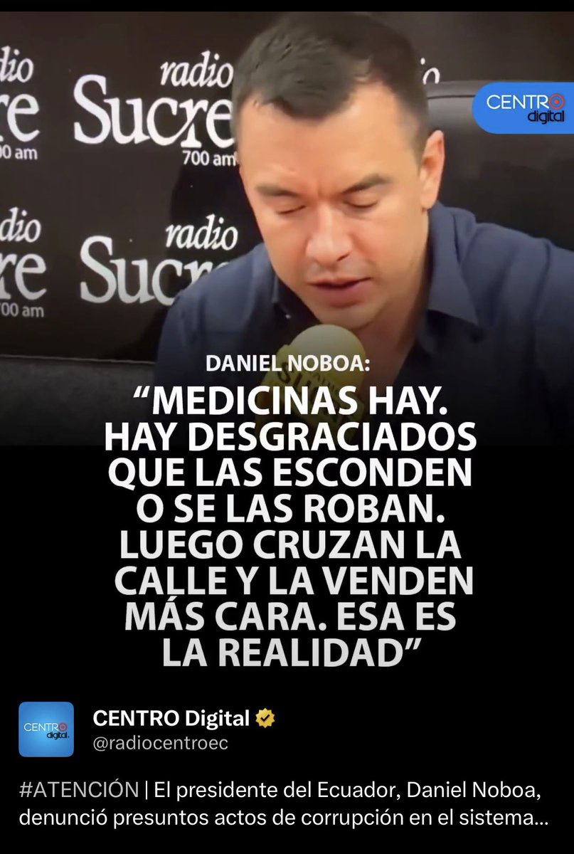 DrJulioCueva's tweet photo. Actos como los denunciados, que evidencian un posible direccionamiento hacia un laboratorio específico como Roche, erosionan gravemente la credibilidad del Estado. No solo comprometen los principios de transparencia y libre competencia en la contratación pública, sino que chocan frontalmente con los estándares éticos sobre conflicto de intereses que deben regir la relación entre personal sanitario, administrativo y la industria farmacéutica.

Si además estos hechos se dan en paralelo a desabastecimientos sospechosos, el problema es aún más grave: se podría configurar un escenario donde la escasez podría estar siendo inducida para forzar compras por fuera del CNMB, debilitando el sistema y afectando directamente a los pacientes.

Resulta coherente y necesario que el presidente Daniel Noboa haya denunciado estas prácticas. Ahora corresponde ir más allá del discurso: confiamos en que, una vez conocido a fondo este caso, impulse acciones inmediatas para que la Fiscalía General del Estado, la Contraloría General del Estado y el ente rector de la salud pública intervengan con firmeza.

La lucha contra la corrupción no puede ser selectiva. Si el propio sistema de salud es capturado por intereses particulares, no solo se afecta la imagen del Estado: se pone en riesgo la vida de los ciudadanos.

@FUNDHEC @janethinostroza @visionariasec @Salud_Ec @FiscaliaEcuador @ContraloriaECU