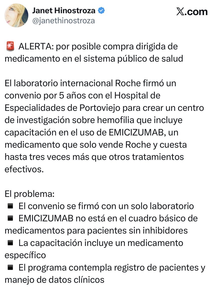 DrJulioCueva's tweet photo. Actos como los denunciados, que evidencian un posible direccionamiento hacia un laboratorio específico como Roche, erosionan gravemente la credibilidad del Estado. No solo comprometen los principios de transparencia y libre competencia en la contratación pública, sino que chocan frontalmente con los estándares éticos sobre conflicto de intereses que deben regir la relación entre personal sanitario, administrativo y la industria farmacéutica.

Si además estos hechos se dan en paralelo a desabastecimientos sospechosos, el problema es aún más grave: se podría configurar un escenario donde la escasez podría estar siendo inducida para forzar compras por fuera del CNMB, debilitando el sistema y afectando directamente a los pacientes.

Resulta coherente y necesario que el presidente Daniel Noboa haya denunciado estas prácticas. Ahora corresponde ir más allá del discurso: confiamos en que, una vez conocido a fondo este caso, impulse acciones inmediatas para que la Fiscalía General del Estado, la Contraloría General del Estado y el ente rector de la salud pública intervengan con firmeza.

La lucha contra la corrupción no puede ser selectiva. Si el propio sistema de salud es capturado por intereses particulares, no solo se afecta la imagen del Estado: se pone en riesgo la vida de los ciudadanos.

@FUNDHEC @janethinostroza @visionariasec @Salud_Ec @FiscaliaEcuador @ContraloriaECU