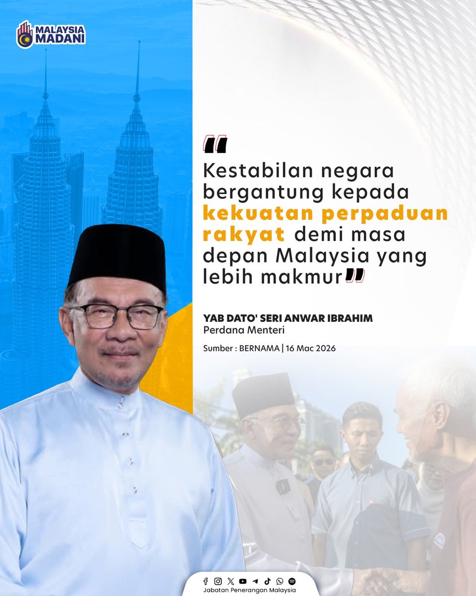 YAB PM berkata Sabah mengingatkan kita bahawa kekuatan Malaysia bukan sekadar pada hasil bumi, tetapi juga pada keharmonian rakyat yang hidup dalam semangat muafakat dan saling menghormati. 🌏✨🤝

#RancakkanMADANI
#MADANIBekerja
#TaatSetia
#JabatanPenerangan