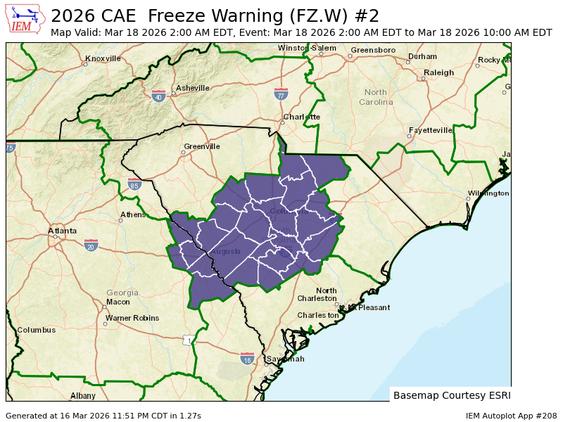 CAE upgrades Freeze Watch to Freeze Warning valid at Mar 18, 2:00 AM EDT for Clarendon, Lee, Southeastern Orangeburg, Sumter [SC] till Mar 18, 10:00 AM EDT mesonet.agron.iastate.edu/vtec/f/2026-O-…