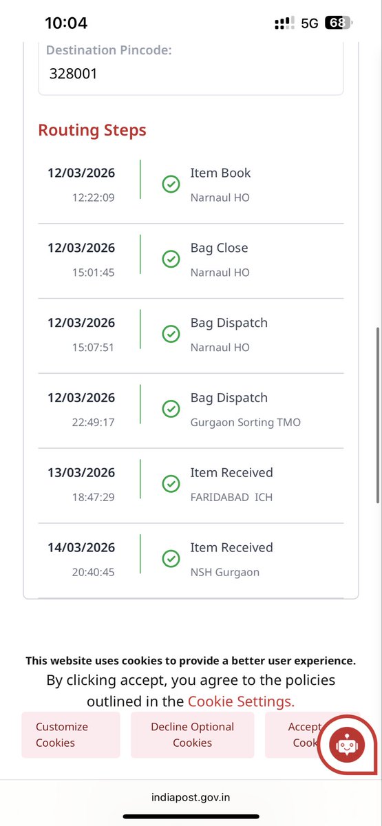 Amit_behror's tweet photo. Dear @IndiaPostOffice, I am concerned about my Speed Post EH273331542IN . It was booked on 12/03, but there has been no tracking update since 14/03. The delivery is significantly delayed. Kindly look into this and provide an update ASAP. #IndiaPost #SpeedPost #CustomerService https://t.co/Tf0lOsCnTO