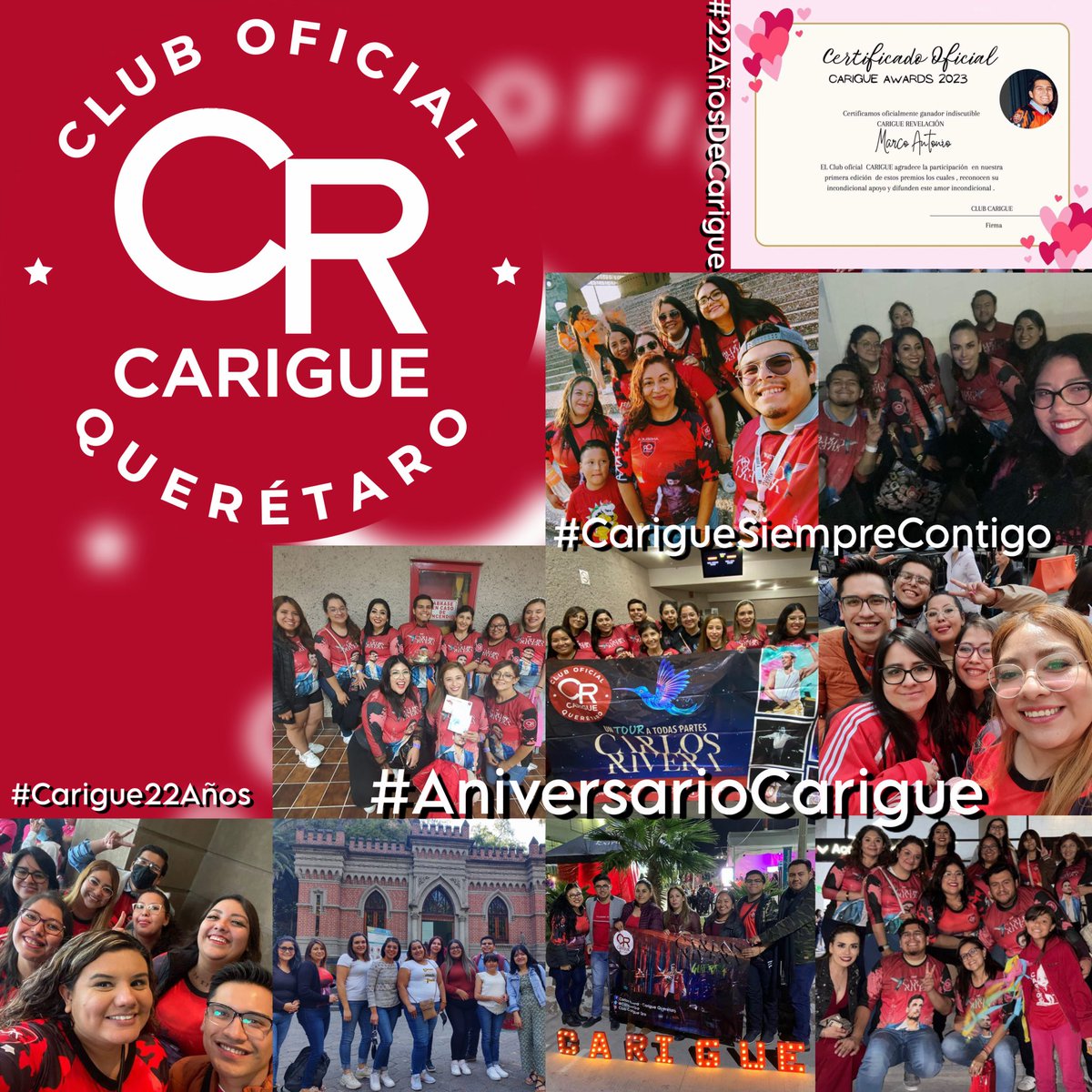 marcocor09's tweet photo. Gracias por permitirme conocer a much@s Rojitos lindos; tod@s unidos por un mismo amor y apoyo a @_CarlosRivera y que @club_carigue me permite lograr estos momentos únicos y mágicos 🫶👏❤️ @CarigueQro 
#Carigue22Años
#AniversarioCarigue
#22AñosDeCarigue
#CarigueSiempreContigo https://t.co/zU9uNCImih
