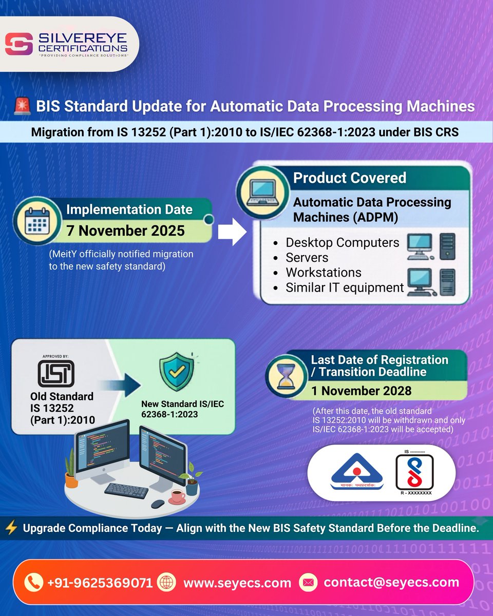 Official_seyecs's tweet image. 🚨 BIS update for ADPM products: IS 13252:2010 shifting to IS/IEC 62368-1:2023. Applies to desktops, servers &amp;amp; IT equipment. Effective 7 Nov 2025, deadline 1 Nov 2028. Plan compliance early with Silvereye.

#BIS #BISUpdate #CRS #ADPM #ITEquipment #Compliance #Regulatory