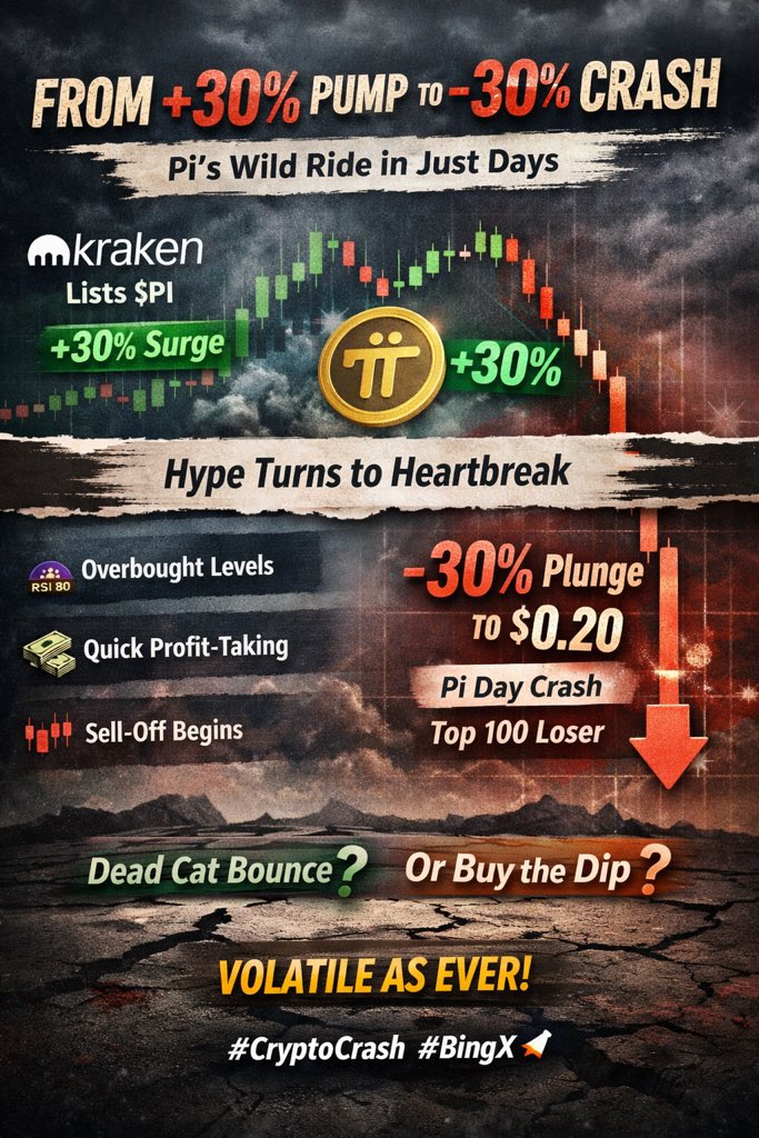 From a 30% pump to a 30% crash in days… Pi just reminded everyone how fast crypto can flip.

Kraken listing Pi Network initially sparked strong momentum, with the token rallying close to 30% as excitement kicked in.

But the momentum didn’t last.

Right around Pi Day, the market