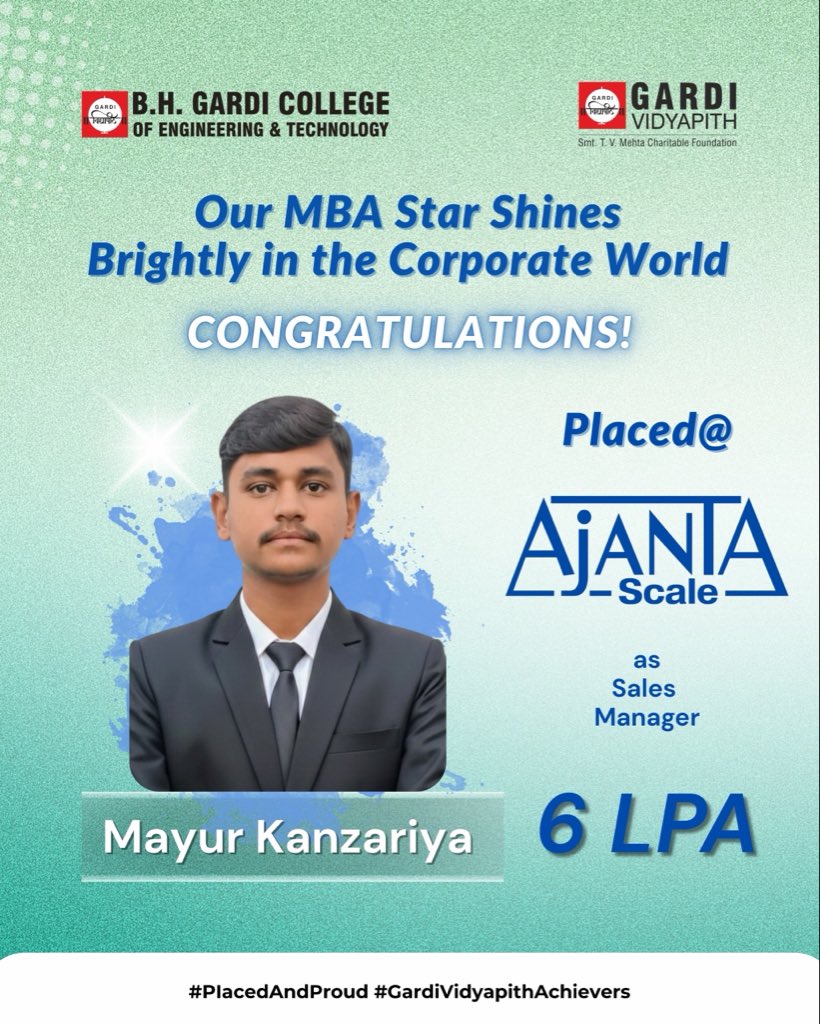 GardividyapithO's tweet image. Dream big, achieve bigger! 🚀
Congratulations to Mayur Kanzariya on becoming a Sales Manager at @AjantaScale . Wishing you a journey full of success ahead! 🎉

#PlacementSuccess #MBAGrad #CareerStart #FutureLeader #ProudMoment