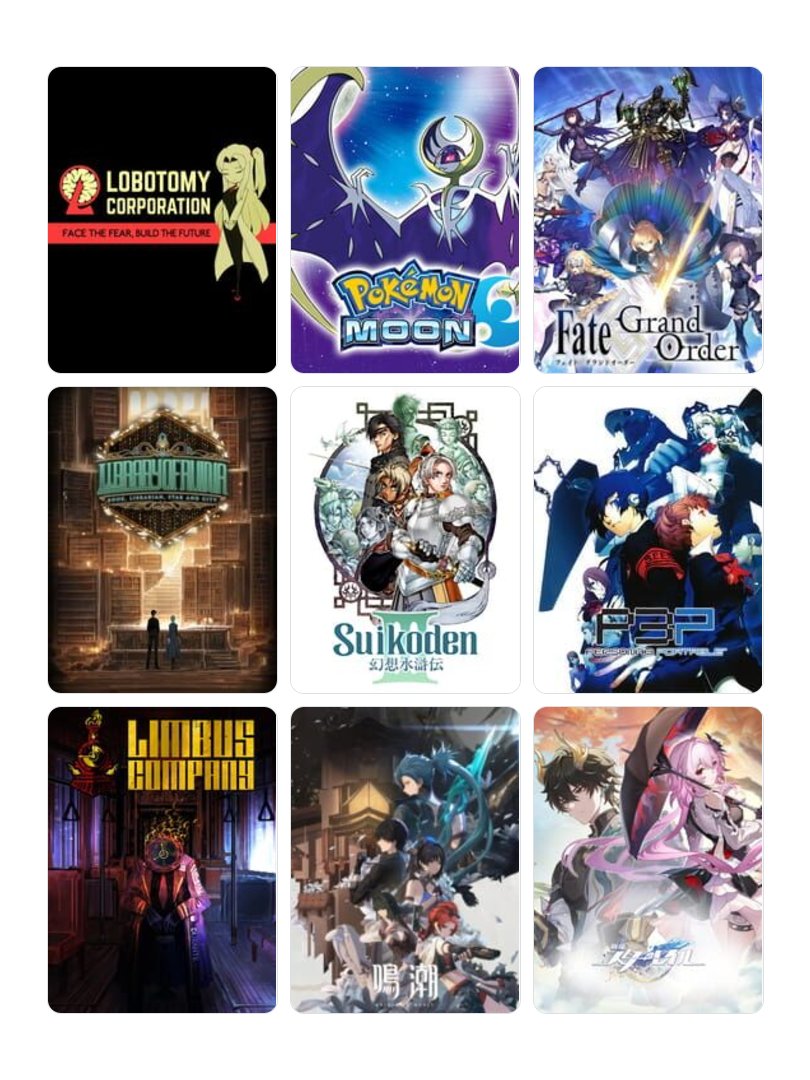 sry55932's tweet photo. 私を構成する9つのゲーム
1. Lobotomy Corporation
2. ポケットモンスタームーン
3. フェイト/グランドオーダー
4. Library of Ruina
5. 幻想水滸伝III
6. ペルソナ3 ポータブル
7. Limbus Company
8. 鳴潮
9. 崩壊：スターレイル
#My9Games #私を構成する9つのゲーム
https://t.co/vTMsozWYw2 https://t.co/WpS6aMDAdL
