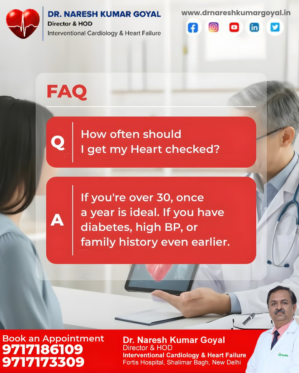 drnareshgoyal12's tweet image. ❤️ Over 30? Get your heart checked yearly.
Especially if you have diabetes, high BP, or family history.

👨‍⚕️ Dr. Naresh Kumar Goyal
📍 Fortis Hospital, Shalimar Bagh
📞 9717186109 | 9717173309

#HeartHealth #HeartCheckup