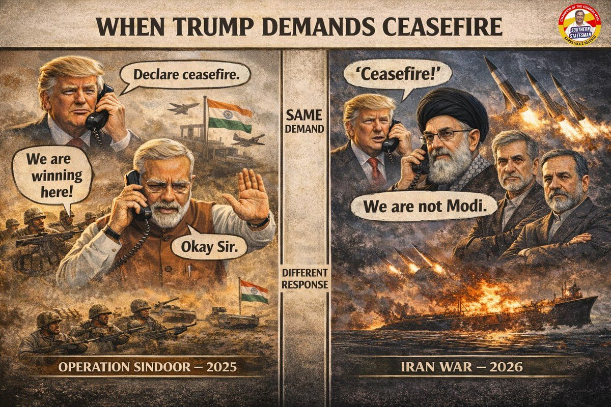 SouthStatesman's tweet photo. When India was winning, #Modi obeyed #Trump.
When #Iran is winning, they refused Trump.
Why did Modi surrender?
#IranIsraelWar #DonaldTrump #NarenderSurrender #AnswerMadiModi #ModiFailedIndia https://t.co/Qgwrn0rSp7