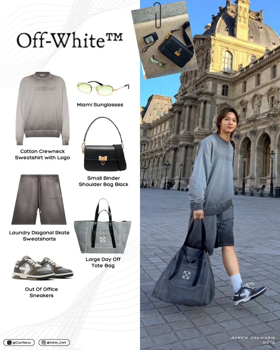 NuNewOOTD's tweet image. Unforgettable✨ @CwrNew

ZEENUNEW IN PARIS FW26
#OffWhitexZeeNunew

@OffWht
🧥Crewneck Sweatshirt
👖Laundry Diagonal Skate Sweatshorts
👜Large Day Off Tote Bag
👜Black Binder Shoulder Bag
🕶Miami Sunglasses
👟Out of Office Sneakers

#OffWhiteFW26 #OffWhite
#NuNew #NanaNu #นุนิว