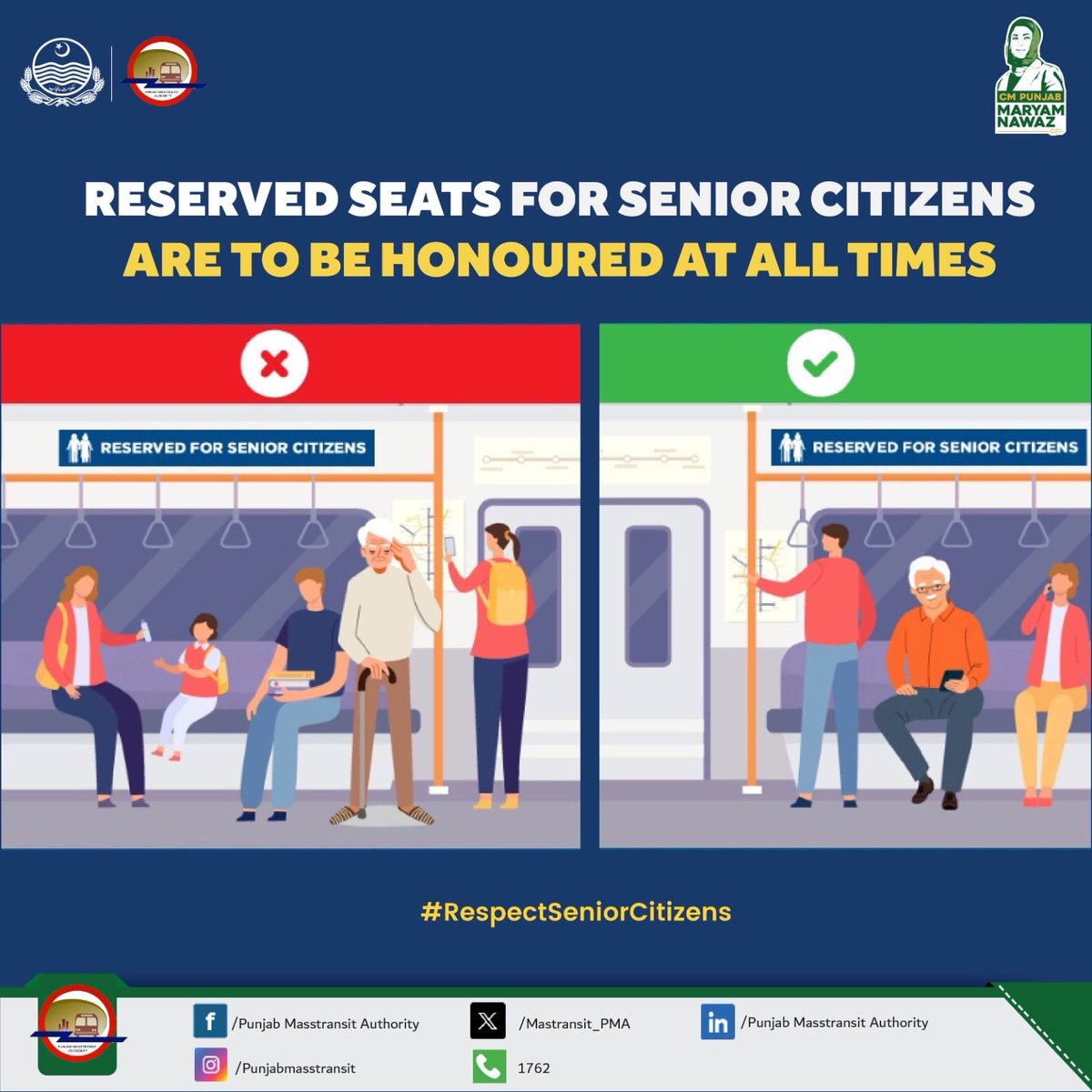 𝐒𝐞𝐧𝐢𝐨𝐫 𝐜𝐢𝐭𝐢𝐳𝐞𝐧𝐬’ 𝐫𝐞𝐬𝐞𝐫𝐯𝐞𝐝 𝐬𝐞𝐚𝐭𝐬 must be respected and vacated for them at all times. Citizens are requested to cooperate and uphold this responsibility. 

#RespectSeniorCitizens #PublicService #CitizenResponsibility #PunjabMasstransitAuthority