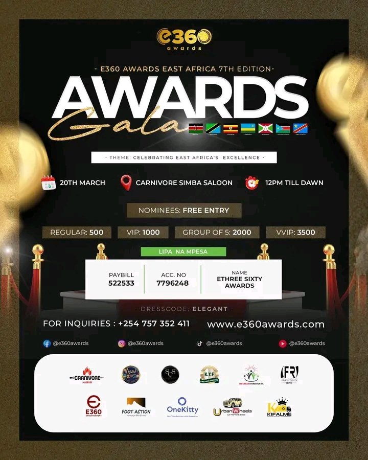 e360awards's tweet photo. ✨ The countdown is on for the E360 Awards Gala! Join us on 20th March 2026 at Carnivore Restaurant – Simba Salon for a night of celebration, recognition, and greatness. 🌟

7 Nations Under 1 Stage,1 Nation 1 Night

🎟️ Get your tickets:
https://t.co/0XUYTz766l

#e360awards https://t.co/pID8qiXtUB
