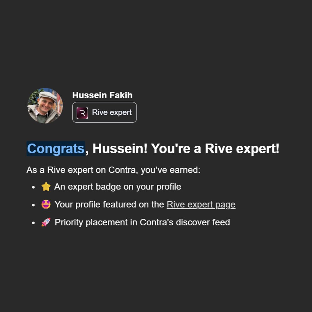 husseinXfakih's tweet photo. I feel so proud to be listed as @rive_app expert on @contra .
Visit my profile : https://t.co/vQO0frdqKG
#RiveApp #MotionDesign #Expert #MotionGraphics #Contra https://t.co/0b2ub23cAj