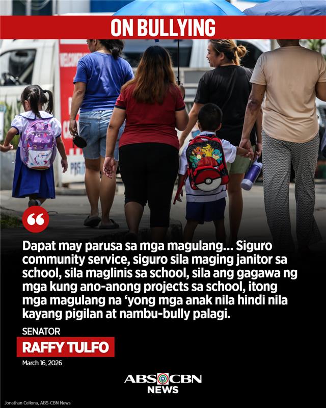 DAMAY PATI MAGULANG?

Naniniwala si Sen. Raffy Tulfo na dapat parusahan din ang mga magulang ng mga estudyanteng bully, bukod pa sa suspensiyon ng bata sa eskuwela.