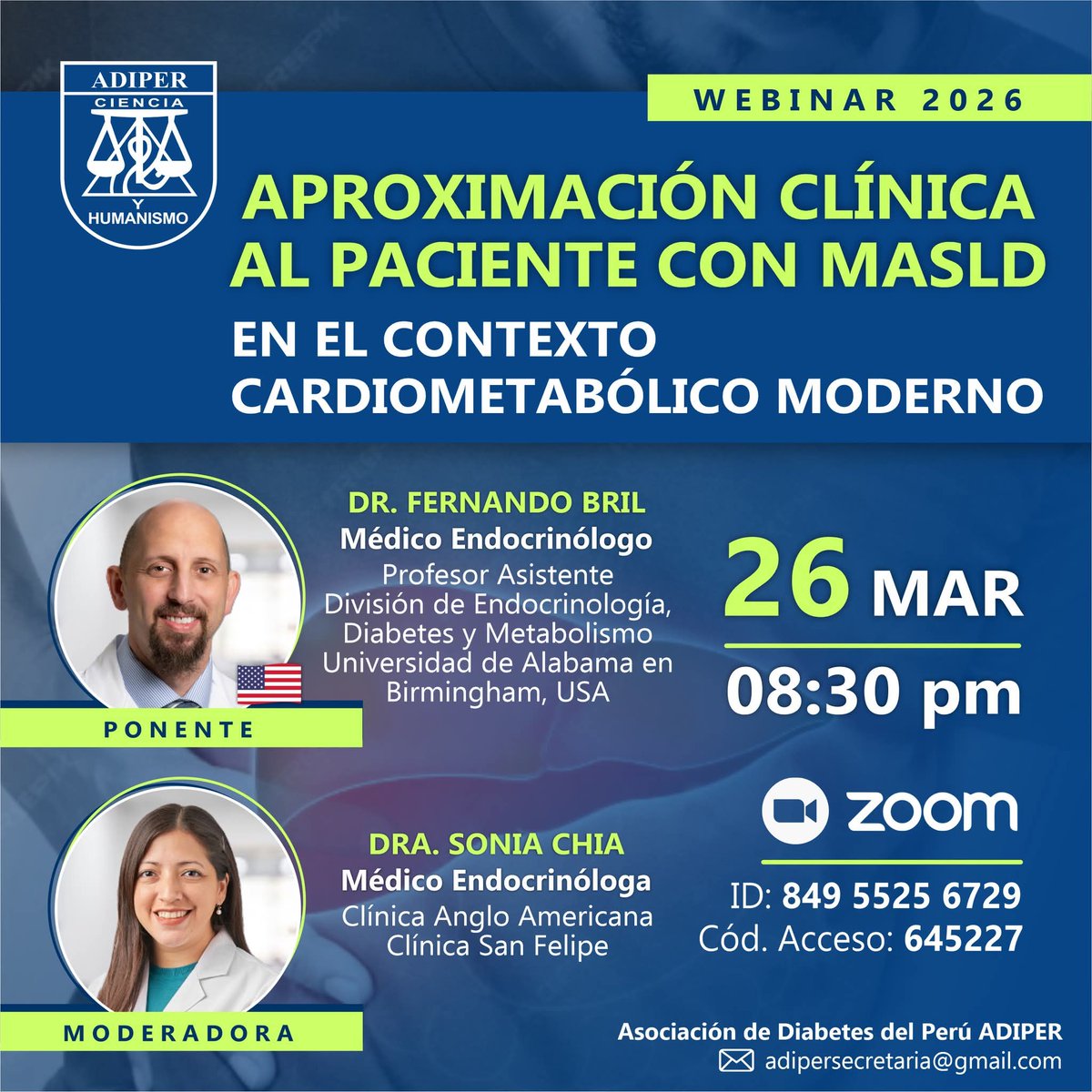 AAdiper's tweet photo. 👉 "APROXIMACIÓN CLÍNICA AL PACIENTE CON MASLD EN EL CONTEXTO CARDIOMETABÓLICO MODERNO" 

🗓️ 26 de marzo 2026
⏰ 08:30 pm 

👨‍🏫 Dr. Fernando Bril 🇺🇸
Experto Global en MASLD
https://t.co/KzDdd7sf5P

✍️ Regístrese: 
https://t.co/4sNDL7iC83

#Diabetes #MASLD @AAdiper @Salud_en_casa1 https://t.co/lVIOw6Mgp2