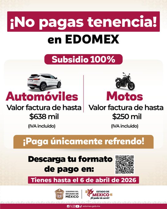 ENTREVISTA2013's tweet photo. 🚗 ¡Atención Edomex! Se amplía el plazo para pagar tenencia con subsidio 👇
Tienes hasta el 6 de abril para regularizar tu vehículo
💬 ¿Ya aprovechaste este beneficio?
 🔁 Comparte para que más personas no pierdan el apoyo
#Edomex #Tenencia https://t.co/77i3B2HxR3