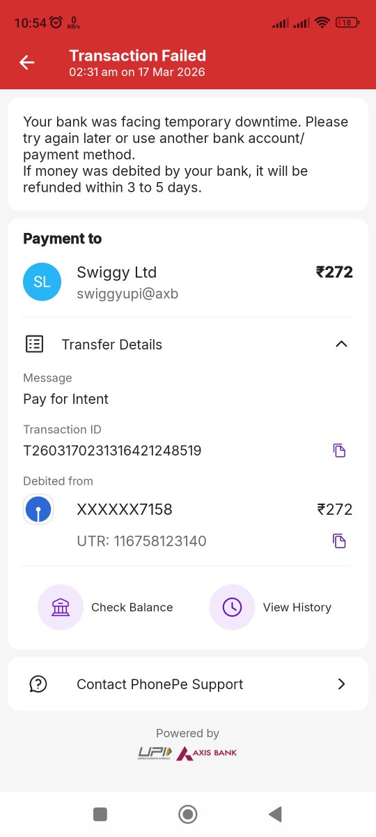 bablu719's tweet photo. swiggy charged me twice, not received my money yet. To add to my problems, there is no customer support from phonpe and swiggy..... this is so traumatic 

payment deducted from my account, yet phonepe shows transac. FAILED

@Swiggy   @PhonePe   @TheOfficialSBI @UPI_NPCI https://t.co/BlqbZCRvLt