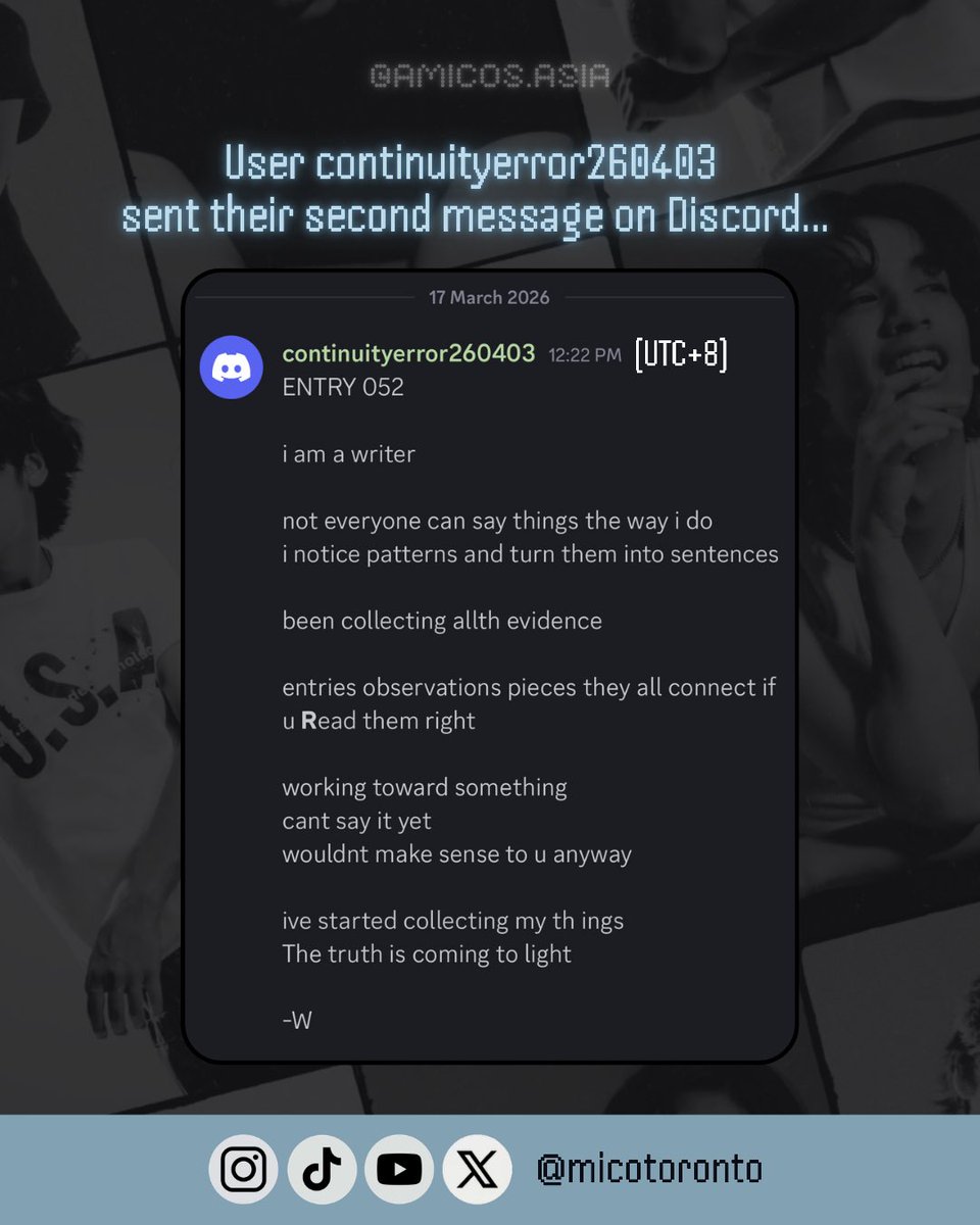 amicos_asia's tweet photo. #continuityerror260403's most recent messages on Discord!
π https://t.co/ydPrBAHZpP
Walter penned the missing ENTRY 052 via 'writers corner' on https://t.co/xzmztVN1X8
#MICO #micotoronto #whenthelightsturnon_MICO https://t.co/tvma1y1wUC