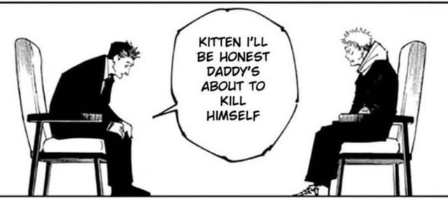 this meme always killed me bc people always look over the fact that higuruma is calling yuuji kitten and calling himself yuuji's daddy like whoever was able to spread the hiita agenda under the radar is doing gods work