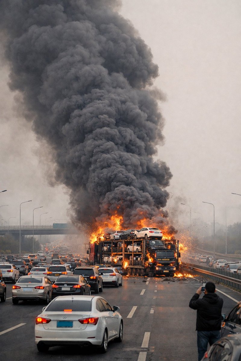 Richard21072175's tweet image. #C4E
This is not in Iran, it's in China, on the highway in Hebei (大广高速河北肃宁段). It happened today. A truck is fully loaded with new EVs. There has been no missile, drone or bomb attack, the EVs started fire by themselves.
👇