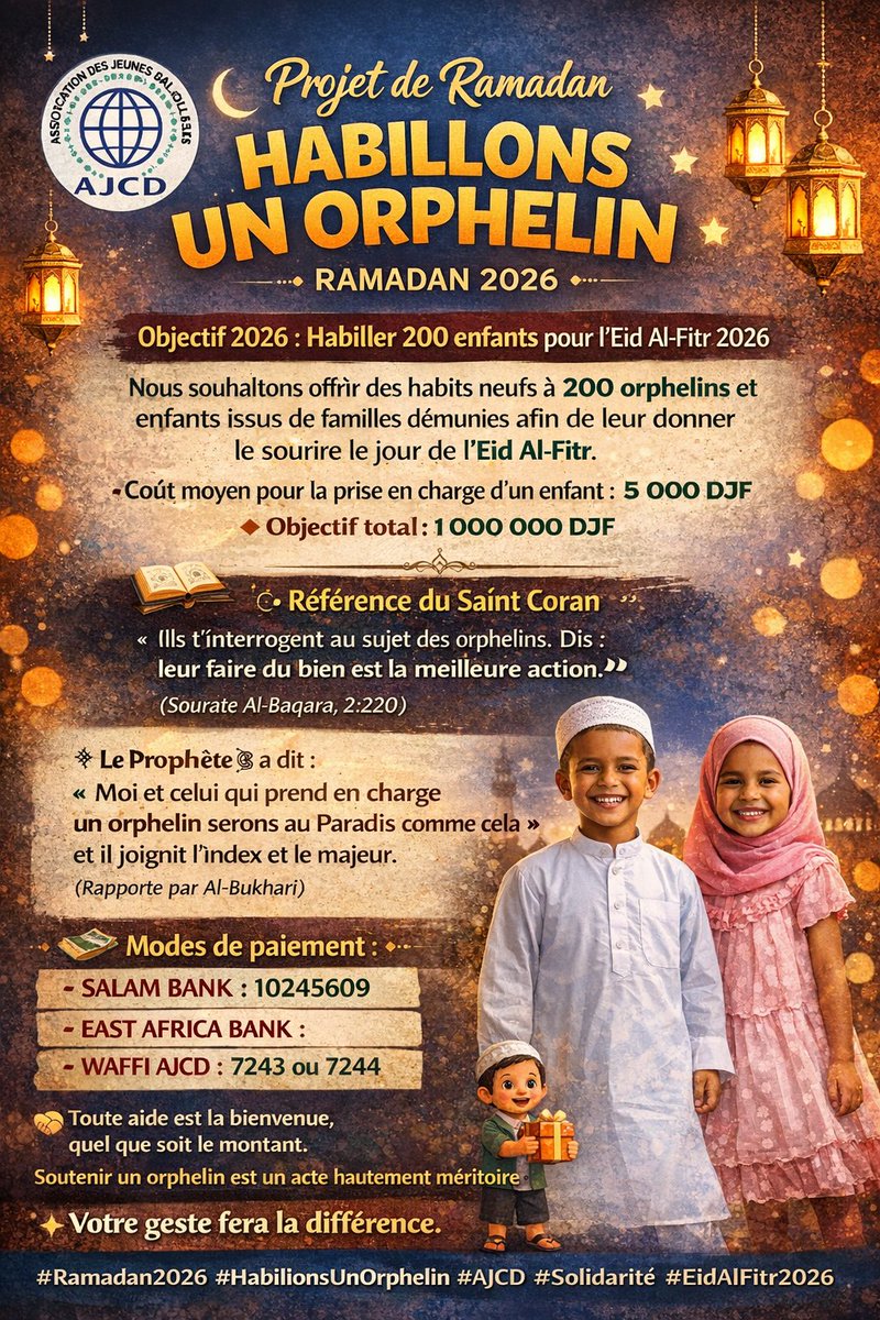ajcd23's tweet photo. Bilan #HabillonsUnOrphelin2026 – AJCD
830 000 DJF collectés
166 enfants bénéficiaires
91 orphelins – 75 enfants vulnérables
48 donateurs (27 entreprises, 21 particuliers)
Merci à tous pour cet élan de solidarité à Ali-Sabieh. 
L’entraide reste au cœur @ajcd23 🤝✨ https://t.co/xz67eKlZQq