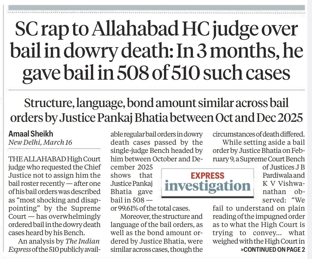 Benarasiyaa's tweet photo. The Allahabad High Court judge Pankaj Bhatia who requested the chief justice not to assign him the bail roster recently - after one of his bail orders was described as "most shocking and disappointing" by the Supreme court- gave bail in 508 of 510 cases of dowry death heard by his bench.