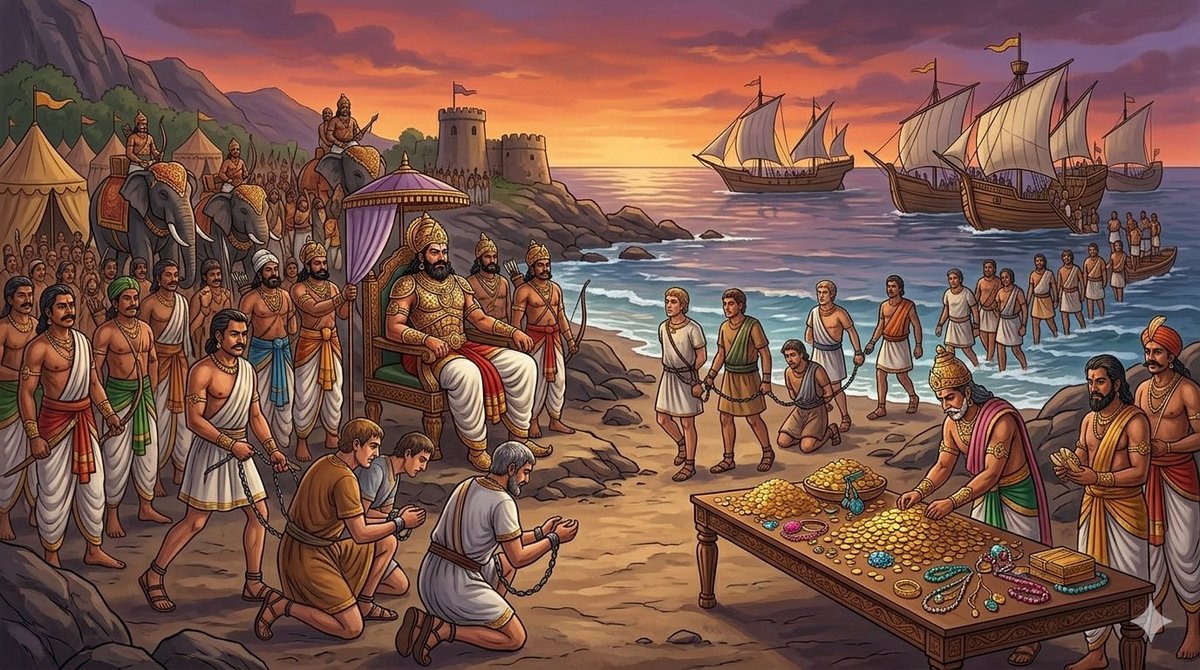 Kochadaiyan22's tweet photo. Nedumcheralathan defeated the Yavanas on the Malabar coast and captured them. As punishment, he bound their hands and poured ghee on their heads, leading them to his capital in humiliation. Later, he released them for a large ransom💥
#Nedumcheralathan #Tamilking #Chera  #Yavana https://t.co/psQRG74ePD