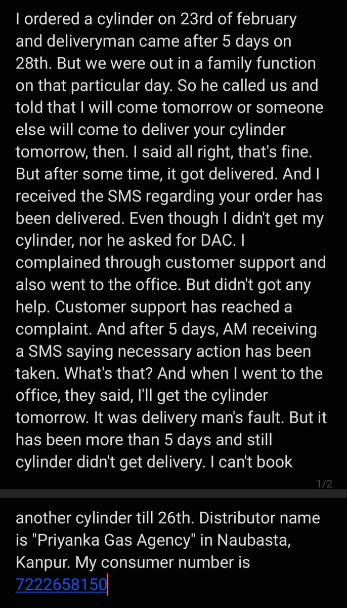 iam_kernel's tweet photo. @IndianOilcl I ordered a cylinder on 23rd of Feb it got delivered but still I didn't get my cylinder. I complained through CS and even went to office, no help. The Problem is how he can mark it delivered without actually delivering it. Distributor is "Priyanka Gas Agency" Kanpur https://t.co/tgnBv2V0bZ