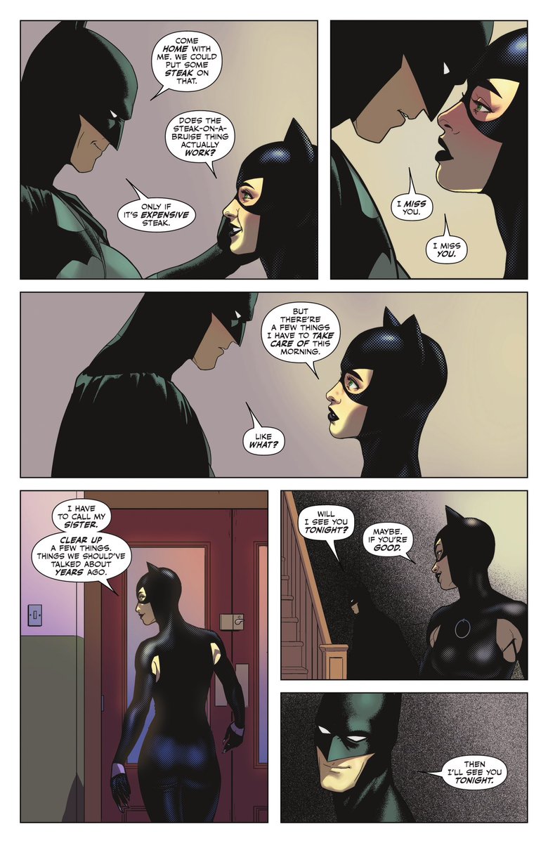 Actual good catwoman writing is Selina telling Bruce to be a good boy and wait so she can go call her sister for a meetup to work out their difference
