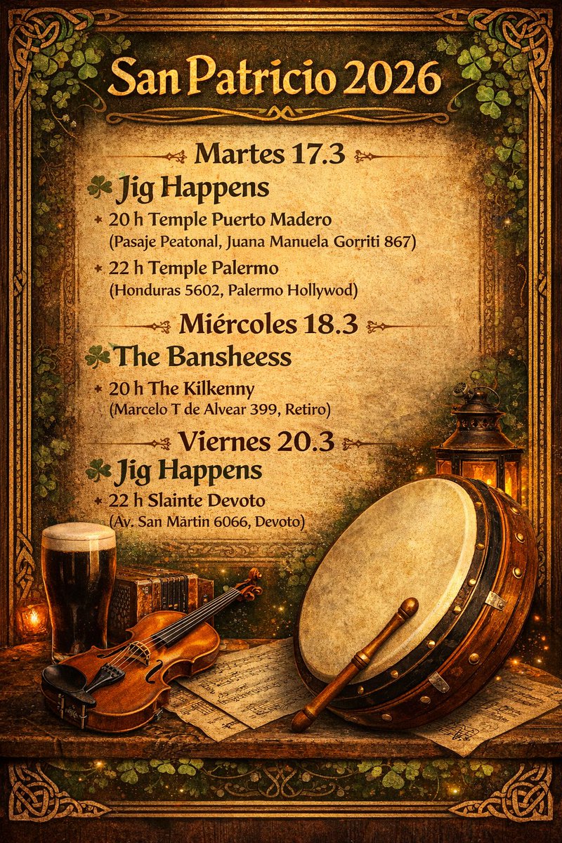 🍀#SanPatricio en Buenos Aires! 
Estaré acompañando en bodhrán a Jig Happens y The Bansheess.  

- Martes 17.3 
JH
20h en Temple Puerto Madero / 22 h Temple Palermo
- Mié 18.3 
TB
20 h The Kilkenny
- Vie 20.3
JH
22h Slainte Devoto