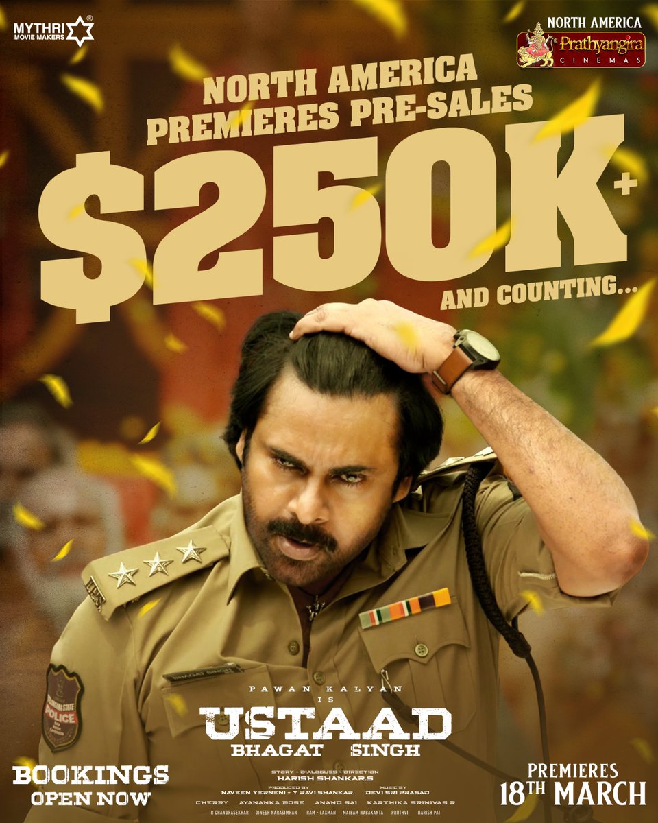 BigtvCinema's tweet photo. #UstaadBhagatSingh North America Pre Sales $250K and Counting 🔥🔥🔥
#UBSOnMarch19th #UstaadBhagatSingh #AuraofUstaad #UBSTrailer #PawanKalyan #HarishShankar #Sreeleela #RaashiiKhanna #MythriMovieMakers #USB #Tollywood #entertainment #Bigtv #BigtvCinema https://t.co/bbssrkYLoC