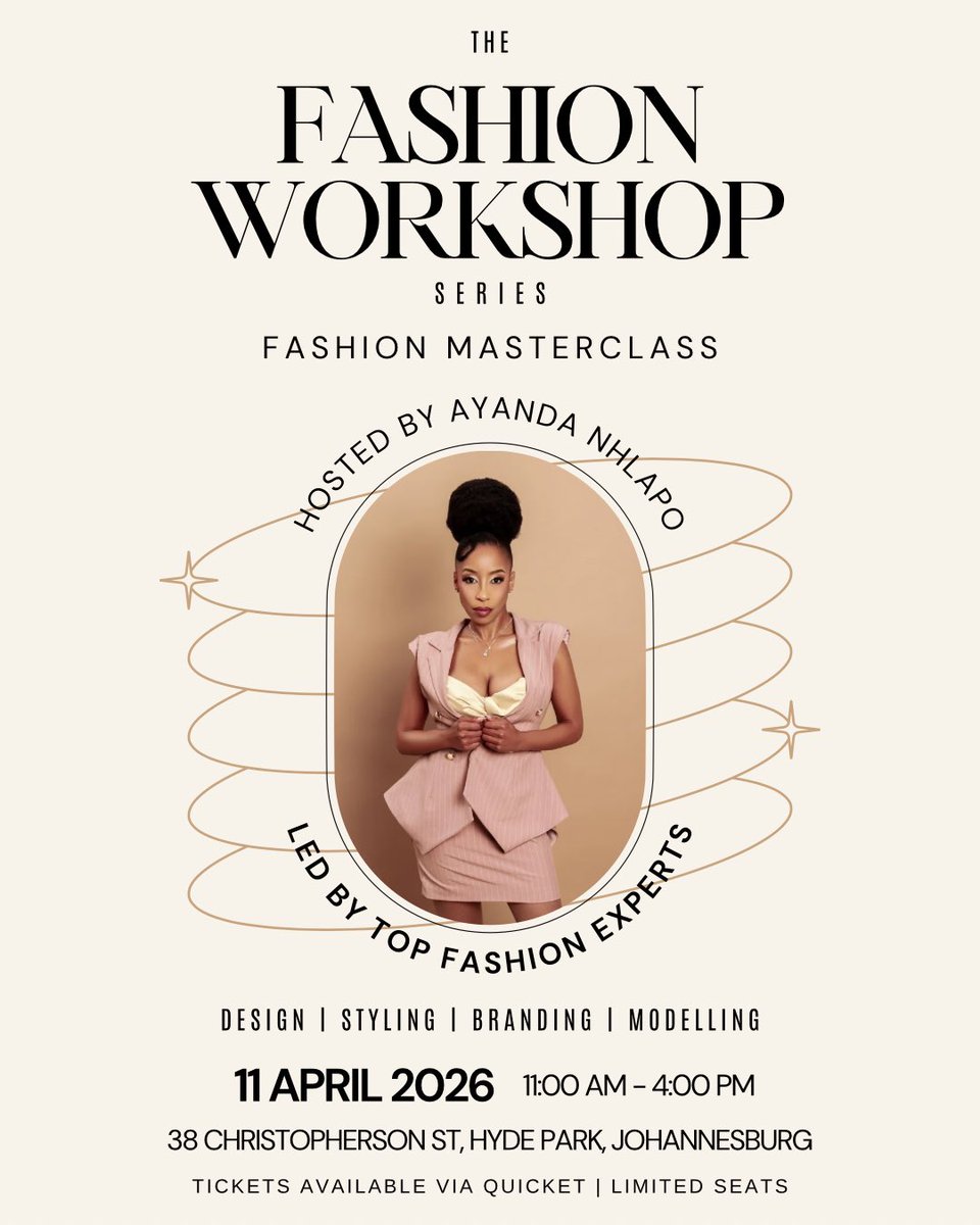 _AyandaNhlapo's tweet photo. Join us for an insightful experience in fashion design, styling, branding &amp; modelling.

Learn, connect &amp; build your fashion career 💫

Enjoy curated goodie bags, photoshoot moments, a Fashion Directory e-book + bubbly &amp; canapés 🛍️

📅 11 April 2026 | 📍 Hyde Park
🎟️ Link in Bio https://t.co/k2mfcxer9Y