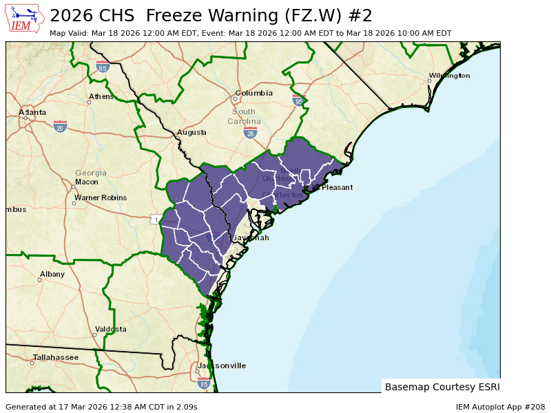 CHS issues Freeze Warning valid at Mar 18, 12:00 AM EDT for Bulloch, Candler, Evans, Jenkins, Screven, Tattnall [GA] and Allendale, Hampton, Inland Colleton [SC] till Mar 18, 10:00 AM EDT mesonet.agron.iastate.edu/vtec/f/2026-O-…