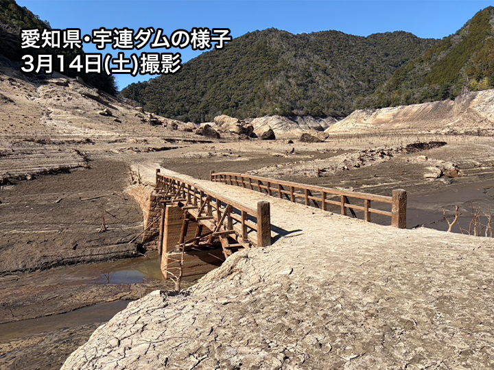 ＜ダムの貯水率がほぼゼロに＞
東海や近畿は最近1か月の降水量が平年の半分以下となっている所があります。
昨秋から続く少雨が解消せず、愛知県の宇連ダムでは貯水率がほぼ0%となりました。
weathernews.jp/news/202603/17…