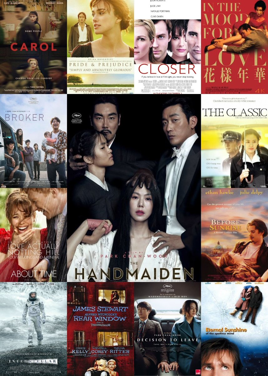 films recommended by JISOO:

The Handmaiden(2016)
Carol(2015)
In The Mood For Love(2000)
Pride &amp; Prejudice(2005)
Closer(2004)
Rear Window (1954)
The Classic (2003)