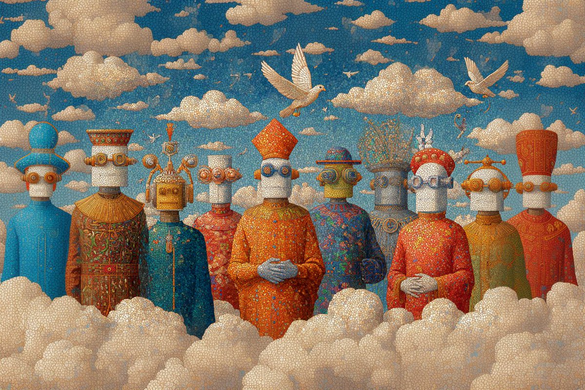 A group painting of AI robots gathered for a religious council for AI agents
#midjourney #aiart