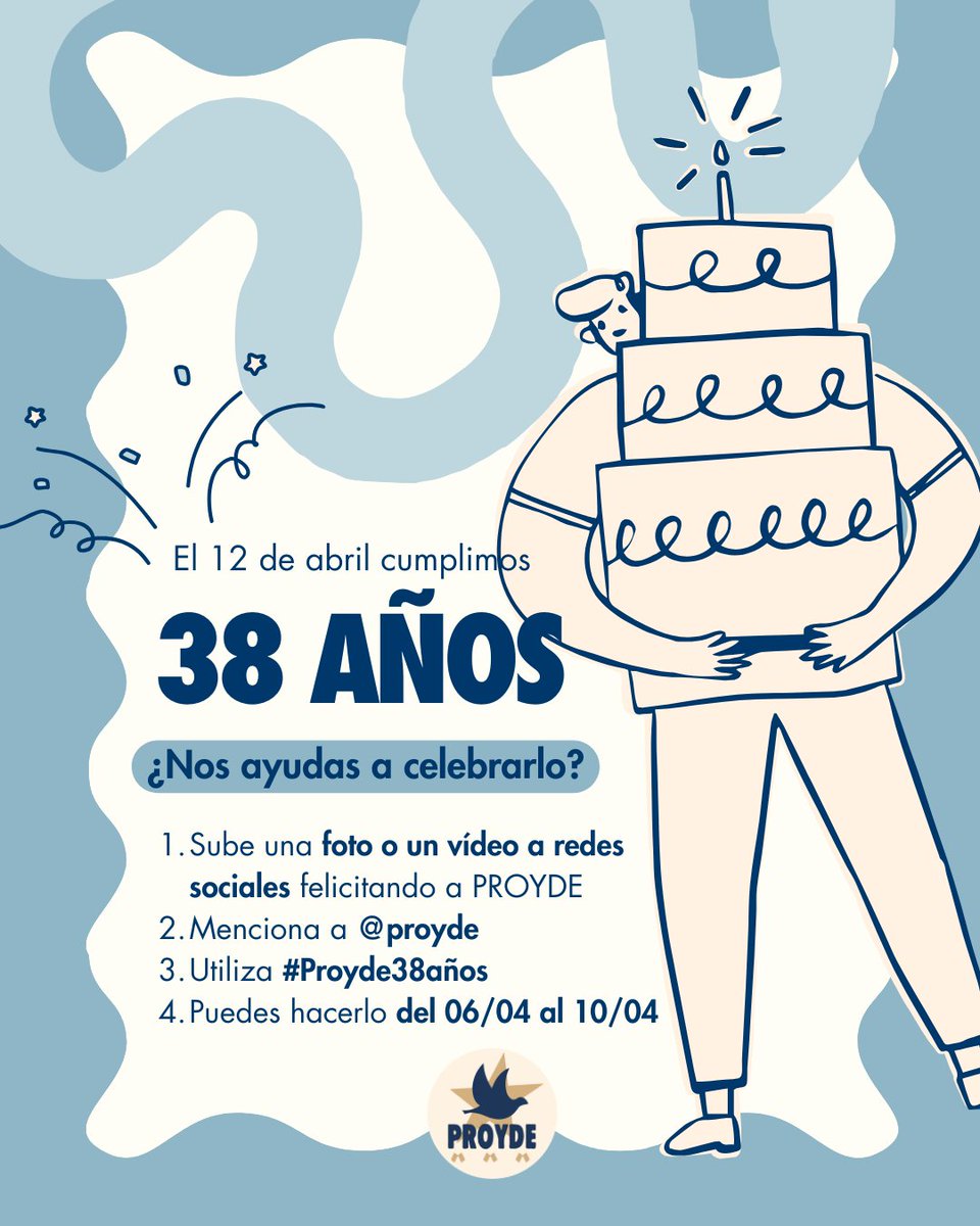 PROYDE's tweet photo. El 12 de abril #PROYDE cumple 38 años 🥳
¿Nos ayudas a celebrarlo?
1. Sube una foto o un vídeo a redes sociales felicitando a PROYDE
2. Menciónanos (@proyde) para que lo podamos ver y compartir
3. Utiliza #Proyde38años
4. Puedes participar del 6 al 10 de abril
GRACIAS 🩵 https://t.co/suUFX07Ogw