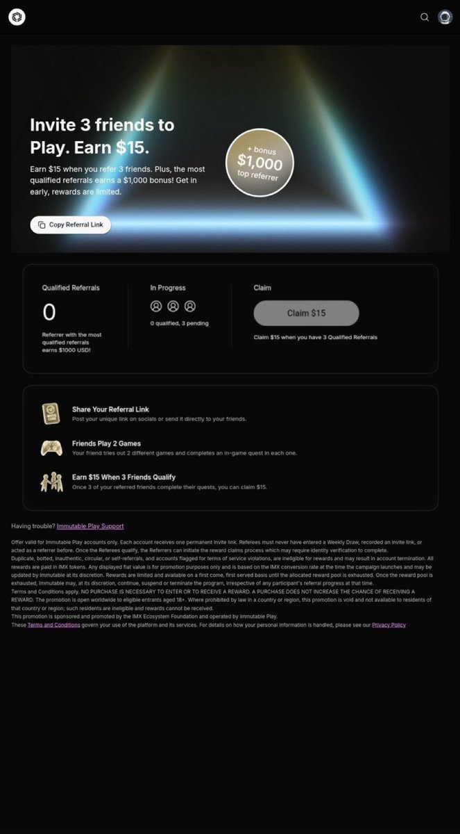 BVAULT10's tweet photo. If $15 isn’t too small for you, this an opportunity you shouldn’t let pass you by.

Immutable referral campaign is currently live 

Here’s how it works:
➠ get your ref link from the website https://t.co/MklpEIWgK7

➠ invite at least 3 new users to signup

➠ each person must try 2 different games on Immutable 

➠ your referrals get perks too like a free prize wheel spin on signup and more rewards when they complete their first in-game quest

Top referrals earn a $1,000 bonus and all rewards are paid in IMX tokens.

Limited rewards available….the earlier you start, the better your chances.

Powered by @Immutable