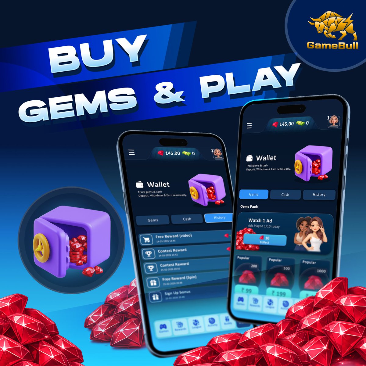 gamebullarena's tweet photo. 💎 Buy Gems. Play More. Win Bigger.

You can now buy Gems directly from the in-app store on Gamebull! 🚀

Top up instantly, unlock more gameplay, and keep the action going without limits. 🎮🔥

#Gamebull #InAppPurchase #MobileGaming https://t.co/g7taJOl2kb