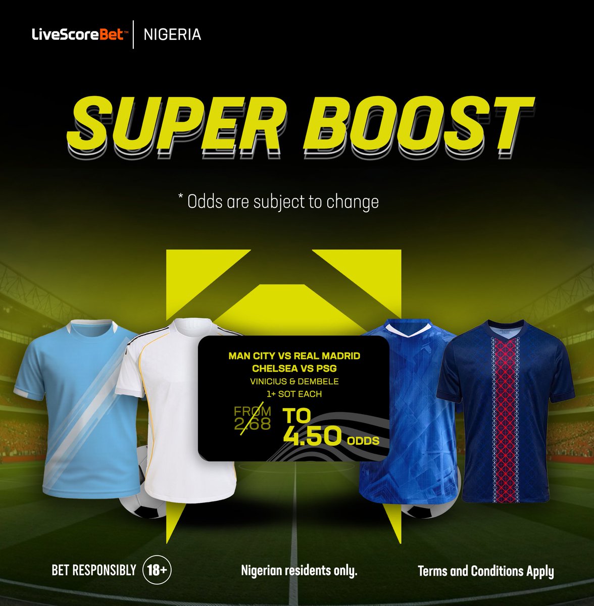 LivescorebetNG's tweet image. 🚨 SUPER BOOST ALERT 🚨
 
MAN CITY 🆚 REAL MADRID 
CHELSEA 🆚 PSG

Vinicius &amp;amp; Dembele to have 1+ SOT Each💥 

Boosted from 2.68 to 4.50 odds 🚀 

⚠️Nigerian residents only 🔞
#18+ #Playresponsibly #superboost #ucl