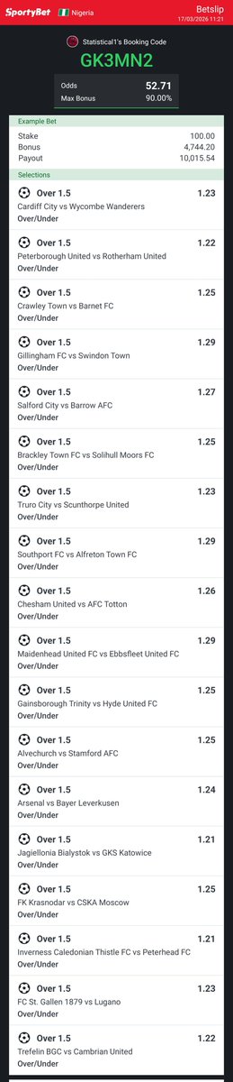 STATISTICALLY_'s tweet photo. SPORTYBET

FT OVER 1.5 GOALS⚽️🔥

GK3MN2

📌5️⃣2️⃣+ ODDS

💥💥💥💥💥💫💫💫💫💫🍀🍀🍀🍀🍀✅️✅️✅️✅️✅️

✡️🔯🔯✡️⭐️🧘‍♂️ IT WILL BLESS🔥

🔞 STAKE RESPONSIBLY (SELECTED RANDOMLY) https://t.co/0UbNC4MxoT