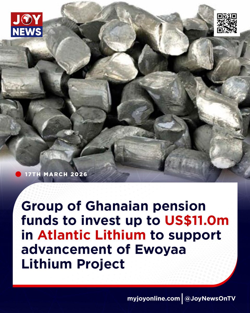 JoyNewsOnTV's tweet photo. Group of Ghanaian pension funds to invest up to US$11.0m in Atlantic Lithium to support advancement of Ewoyaa Lithium Project

Follow our WhatsApp channel for all the breaking stories: https://t.co/Njt4MYIYp6…

#JoyNews #Viral #Explorepage #Ghana #JoyFM #GhanaNews #Ghana #NewsUpdate #Africa #GhPolitics #News #AfricaNews #CurrentAffairs #Vlog
