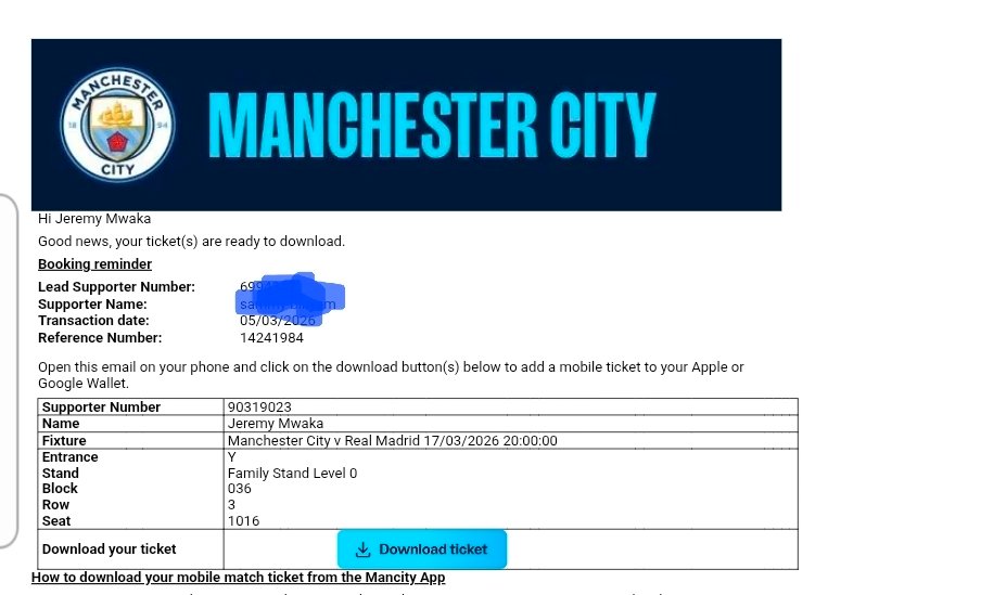 Vous êtes à Manchester et vous avez envie d’assister au choc Manchester City – Real Madrid ce mardi ?  
Contactez‑moi. J’ai un billet disponible : mon fils Jérémy, qui devait y aller, a finalement décidé de ne plus partir parce qu’il a eu d’autres obligations plus