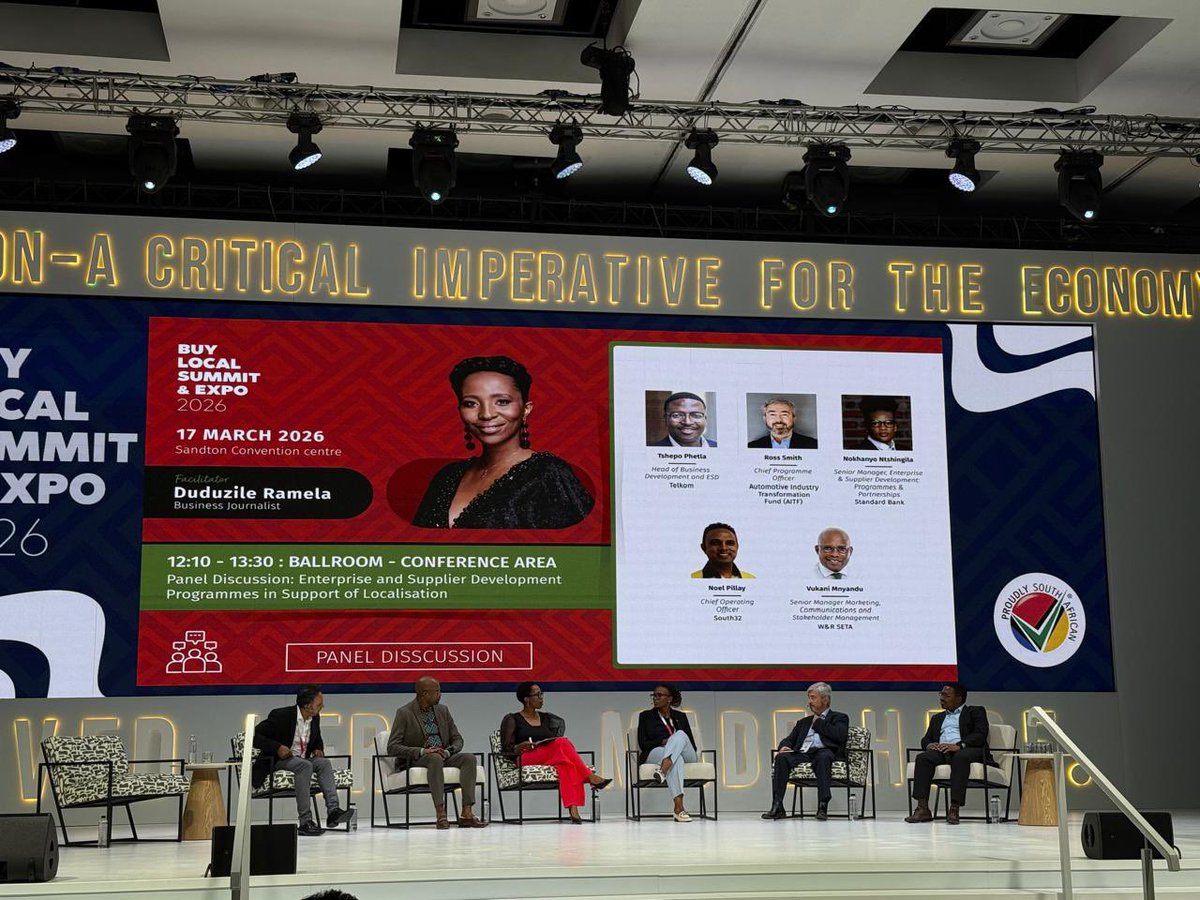 ProudlySA's tweet photo. Panel discussion now underway:
Enterprise & Supplier Development Programmes in Support of Localisation

Facilitated by Duduzile Ramela, this panel brings together voices from:

• Telkom
• Standard Bank
• Proudly SA
• South32
• W&R SETA
• AITF

#BuyLocalSummit2026
#LovedHereMadeHere