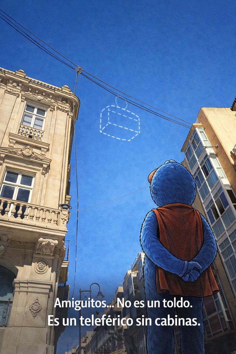 🥥 Amiguitos… Esto no es un toldo.

Es un teleférico en prácticas.

Porque después de siete años esperando sombra,
han decidido llenar la calle del Carmen de cables…

por si algún día queremos colgarnos de ellos.

#SuperCocoCartagena