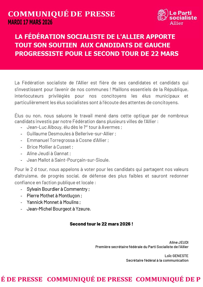 Montluconcommun's tweet photo. Nous remercions chaleureusement la Fédération Socialiste de l'Allier pour son soutien officiel et sans ambiguïté à la liste Montluçon en Commun menée par Pierre Mothet pour ce second tour du 22 mars

Comme le souligne ce communiqué, il est l'heure de faire bloc
#Montluçon https://t.co/TSmDNDrqD9