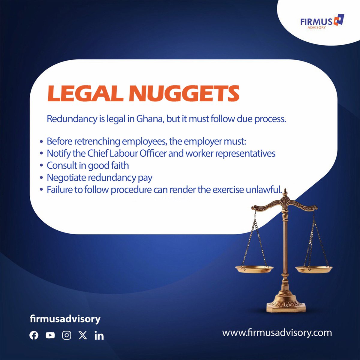 Firmus_Advisory's tweet image. Redundancy is legal in Ghana, but only if proper procedure is followed.
Notify Labour Officer &amp;amp; workers' reps
Consult in good faith
Negotiate redundancy pay
Partner with Firmus Advisory for compliant processes.
#LabourLaw #Redundancy #WorkplaceCompliance #FirmusAdvisory