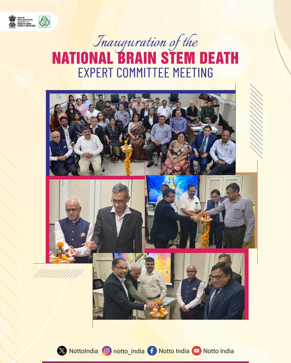 NottoIndia's tweet photo. Dr. Anil Kumar, Director, NOTTO, along with eminent experts Dr. Arpita Ray Chaudhury, Dr. Roop Gursahani, Dr. R. M. Chhabra, Dr. Easwer HV, Dr. Deepak Gupta, and Dr. Madhuri Kurdi, inaugurated the National Brain Stem Death Expert Committee meeting through the traditional lamp lighting ceremony.

Experts from across the country have gathered for fruitful deliberations aimed at strengthening Brain Stem Death certification protocols and advancing deceased organ donation in India.

#NOTTO #OrganDonation