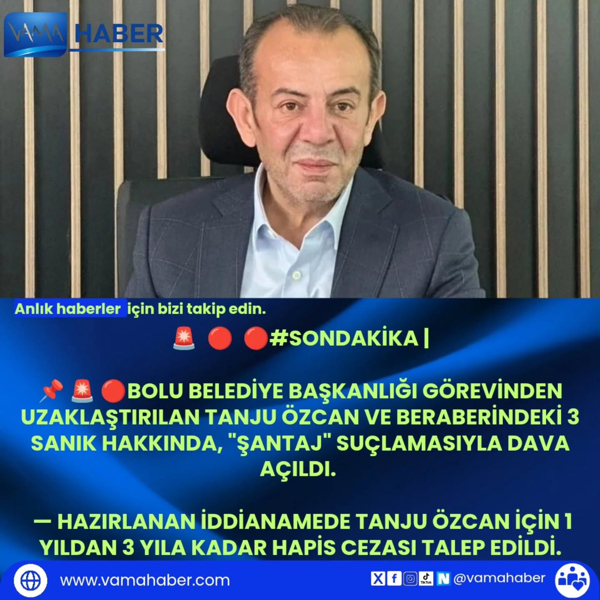 Bolu Belediye Başkanlığı görevinden uzaklaştırılan Tanju Özcan ve beraberindeki 3 sanık hakkında, "şantaj" suçlamasıyla dava açıldı. — Hazırlanan iddianamede Tanju Özcan için 1 yıldan 3 yıla kadar hapis cezası talep… #vamahaber #bolubelediyebaşkanı #bolu #tanjuözcan #mahkeme