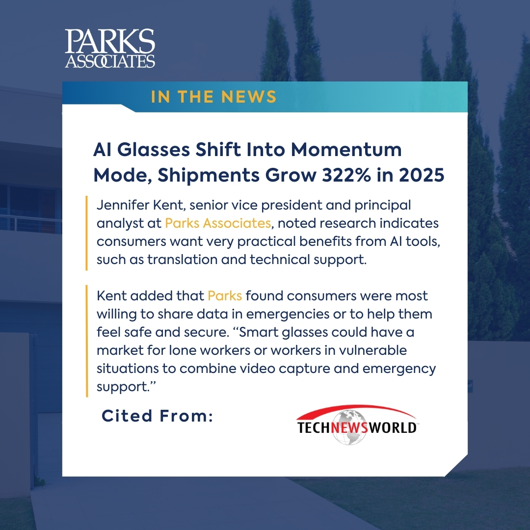 ParksAssociates's tweet photo. 📢 We were cited in a @technewsworld article about the rapid growth of AI-powered smart glasses by @jpmello!

🔗Read more: https://t.co/MypVeq8la3
#parksdata #ParksAssociates 
#ParksAssociatesInsights #TechNewsWorld #AI #Wearables #SmartGlasses #ConnectedDevices https://t.co/OJBDTtsmoQ