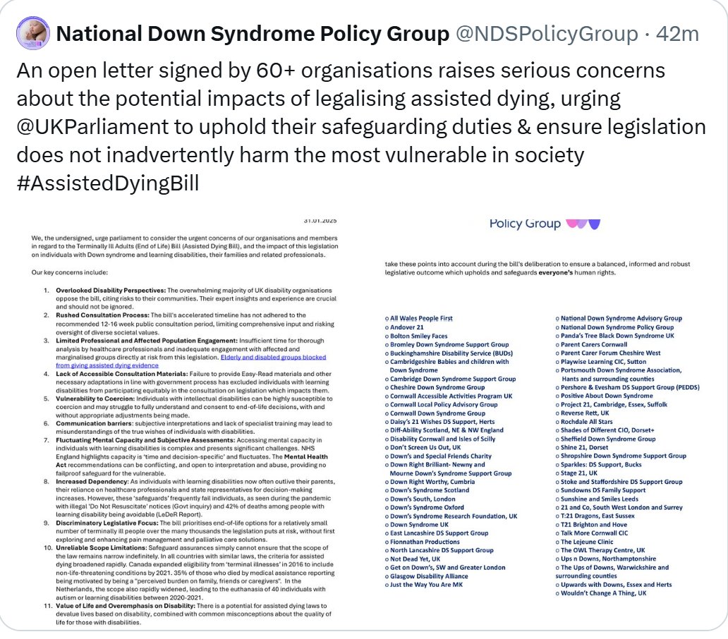 NDSPolicyGroup's tweet photo. @heraldscotland Over 60 Down Syndrome organisations signed an open letter raising serious concerns about safeguards and risks to individuals with Down syndrome, learning disability and vulnerable people. In its current form, the bill is not fit for purpose. #NotCollateralDamage https://t.co/dCGCUrRVZy